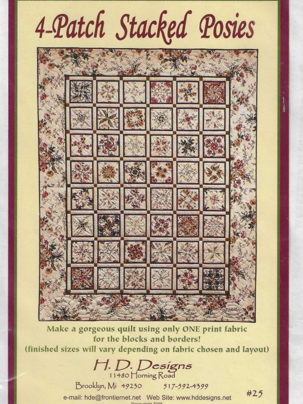 4-Patch Stacked Posies Quilt Paper Pattern from H.D. Designs - New Unused